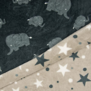 Luxury Reversible Soft Coral Cuddle Fleece Fabric Material - ELEPHANT STARS GREY