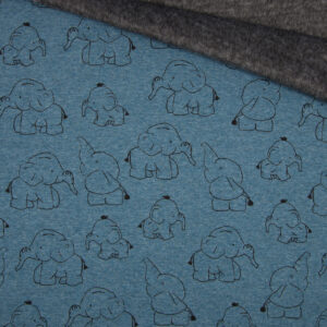 Luxury Happy Fleece Fabric Material ELEPHANTS - JEANS BLUE