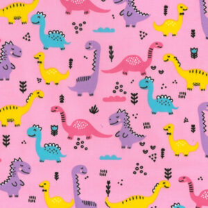 Dis Printed Polycotton Craft Fabric Material - CARTOON DINOSAURS PINK