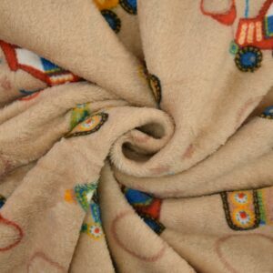 Double Sided Super Soft Cuddle Fleece Reversable Fabric Material CONSTRUCTION VEHICLES BEIGE