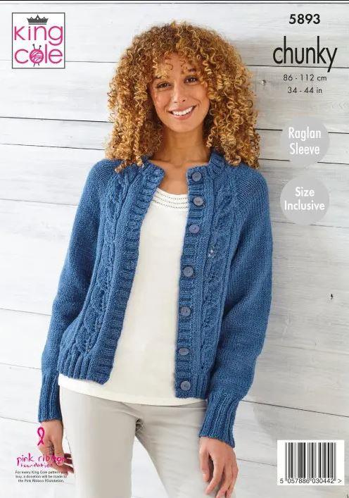 King Cole Chunky Knitting Pattern Size Inclusive Sweater and Cardigan 5893