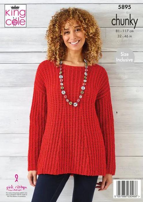 King Cole Chunky Knitting Pattern Size Inclusive Sweaters and Scarf 5895