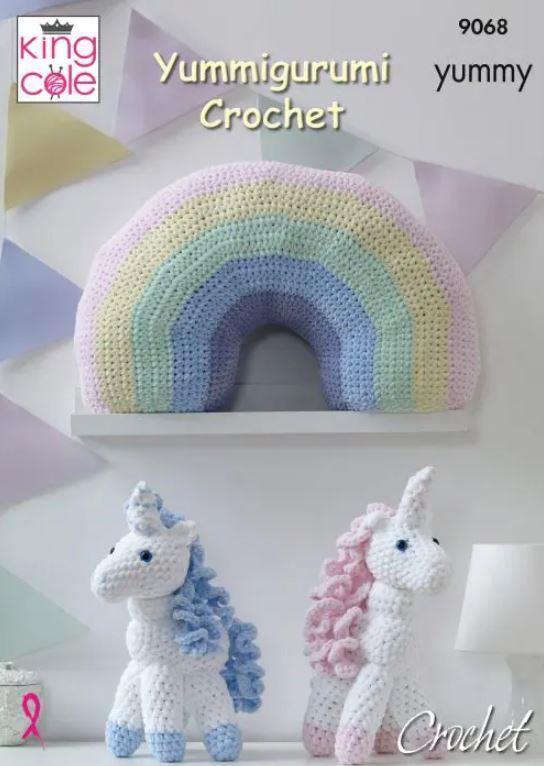 King Cole Yummy Crochet Pattern Unicorn and Rainbow Cushion 9068