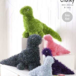 King Cole Tinsel Chunky Easy Knit Knitting Pattern Dinosaurs in Tinsel 9130