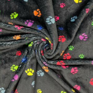 Super Soft Cuddle Fleece Fabric Material SMALL MULTI PAWS ON BLACK